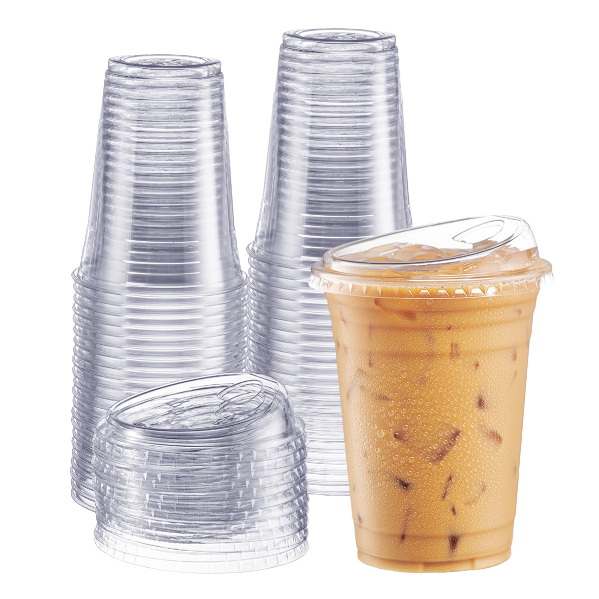 Disposable Plastic to Go Cups with Flat Lids and Straws - Clear Bulk 100 Sets (20 oz)