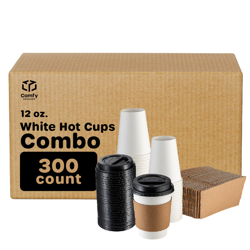 12 oz. Disposable Coffee Cups with Lids, Sleeves, Stirrers - To Go Paper Hot Cups