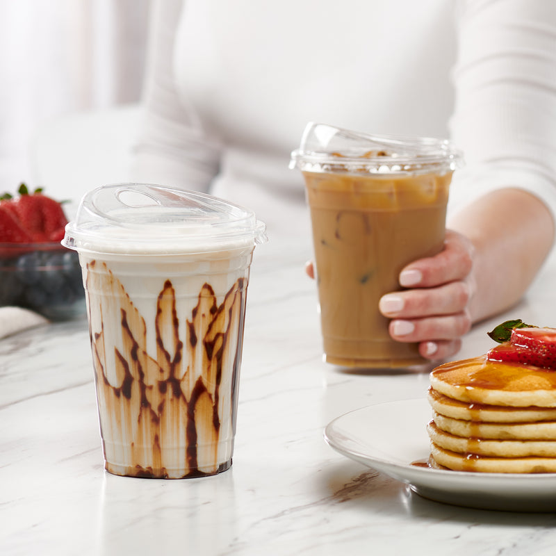 100 Sets 16 oz. Plastic CLEAR Cups with Flat Lids for Iced Coffee