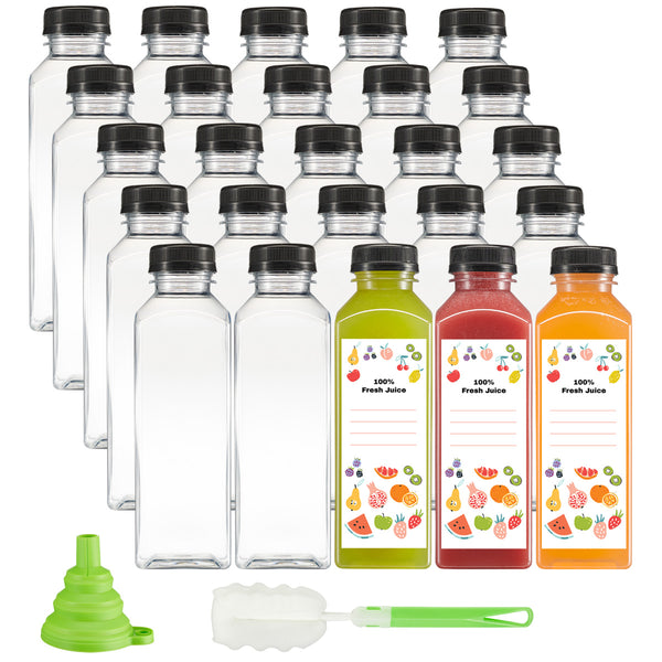 Plastic 16oz Reusable Juice Bottles with Caps, 12 Pack, Clear