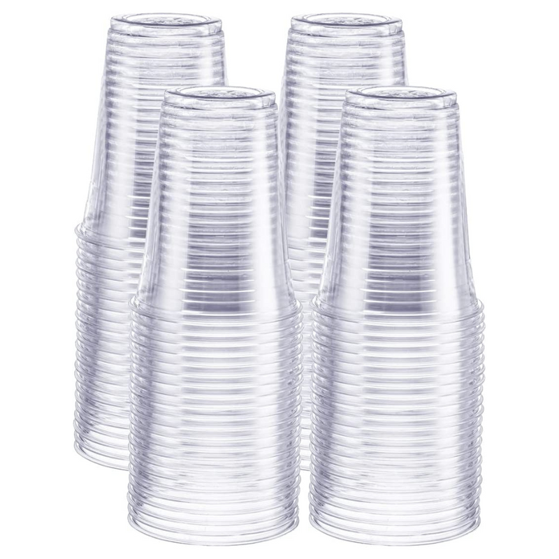 100 Pack] 16 oz Clear Plastic Cups with Flat Lids, Disposable Iced