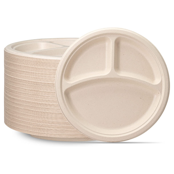 Comfy Package 100% Compostable 5 Compartment Plates [125 Pack] Eco-Friendly Disposable Sugarcane 10 inch Paper Trays
