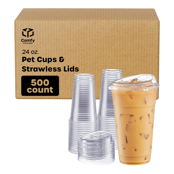 Comfy Package [50 Sets - 24 oz.] Plastic Cups with Flat Lids