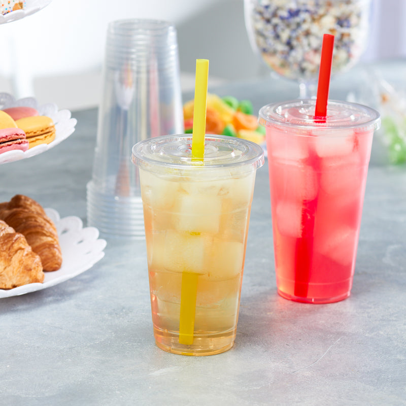 24 Oz Disposable Plastic To Go Cups with Flat Lids and Straws - For Parties