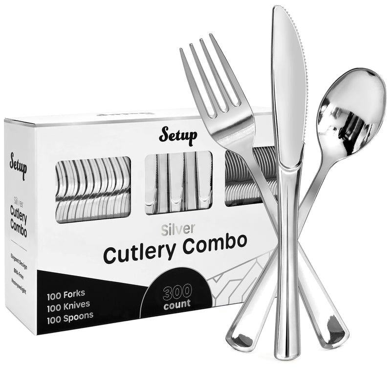 Disposable Silver Combo Cutlery -  Forks,  Spoons,  Knives Combo - Heavy Duty, and Durable Plastic Silverware Great for Parties, Weddings, Events, and Everyday use