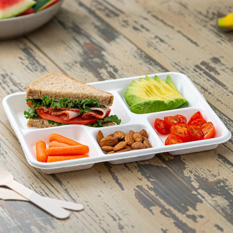 500 Pack 5 Compartment Plates, 100% Compostable Paper Plate, 10.25*8.5 inch  Disposable School Lunch Trays, Eco-Friendly Bagasse Plates for School