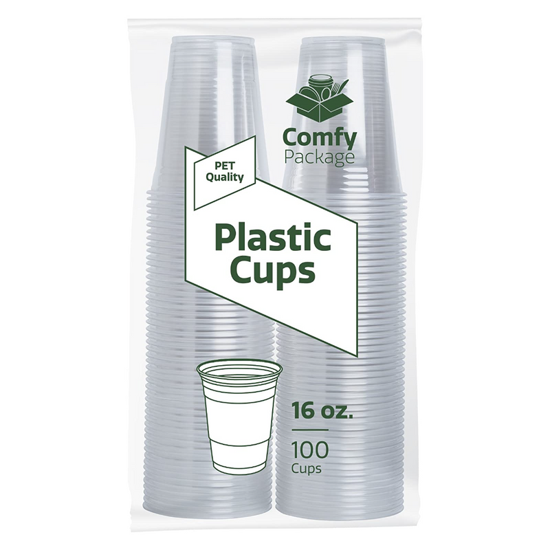 JOLLY PARTY 100Pack 16 oz Clear Plastic Cups With Flat Lids