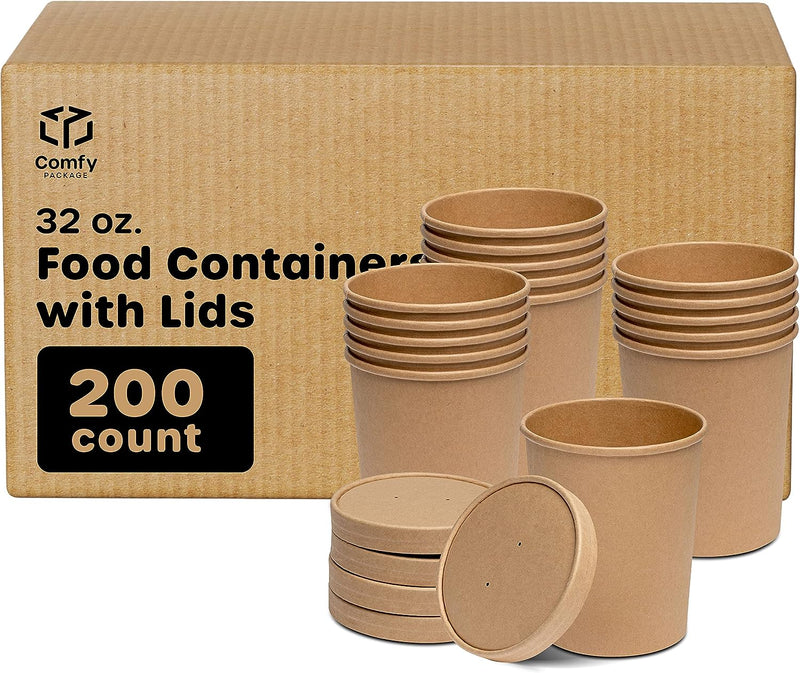 32 oz. Paper Food Containers With Vented Lids, To Go Hot Soup Bowls,  Disposable Ice Cream Cups, White [ 25 Sets]