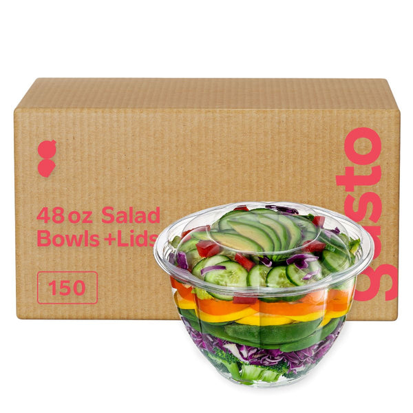 [Case of 150] 48 oz. Plastic Salad Bowls To Go With Airtight Lids