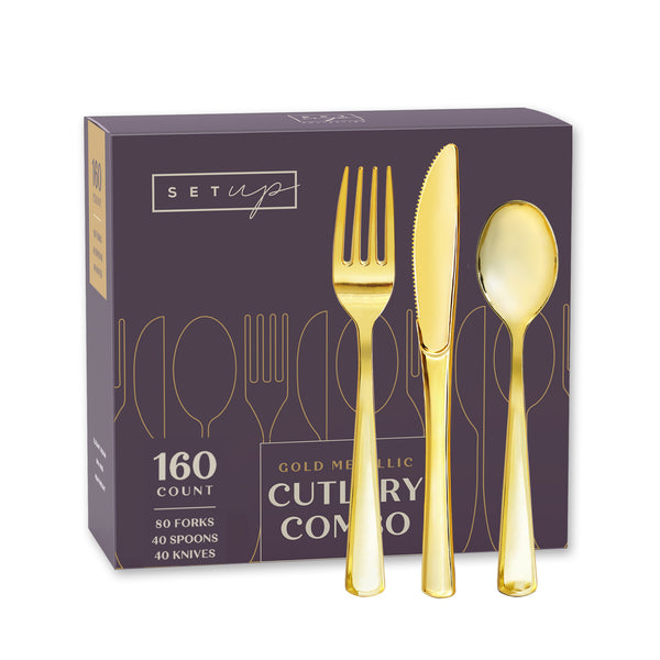 Disposable Gold Combo Cutlery -  Forks,  Spoons,  Knives Combo - Heavy Duty, and Durable Plastic Silverware Great for Parties, Weddings, Events, and Everyday use