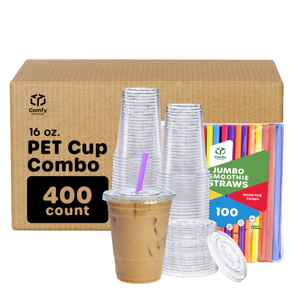 12oz Disposable Pet Clear Plastic Smoothie Cups with Clear Flat