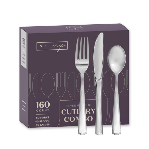 Disposable Silver Combo Cutlery -  Forks,  Spoons,  Knives Combo - Heavy Duty, and Durable Plastic Silverware Great for Parties, Weddings, Events, and Everyday use