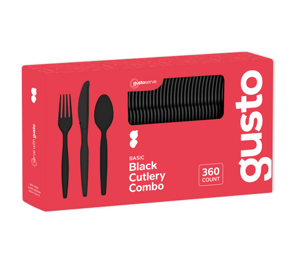 [360 Combo Pack] Premium Heavyweight Disposable Black Plastic Silverware - 180 Forks, 120 Spoons and 60 Knives Cutlery