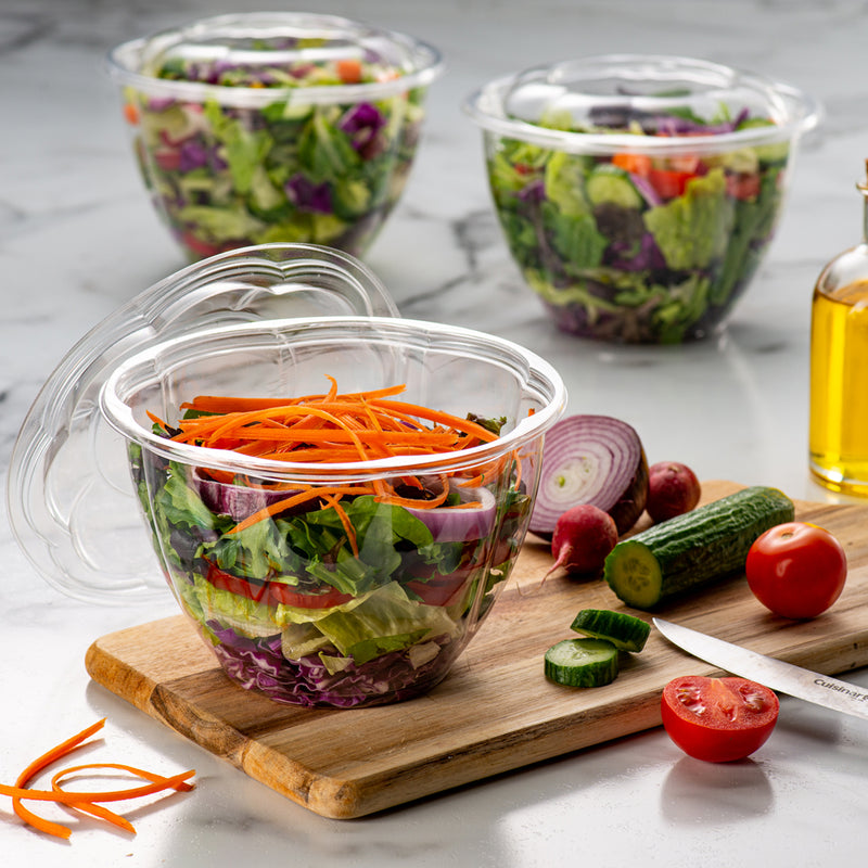 48oz Crystal Clear Plastic Disposable Salad Bowls with Lids To-Go