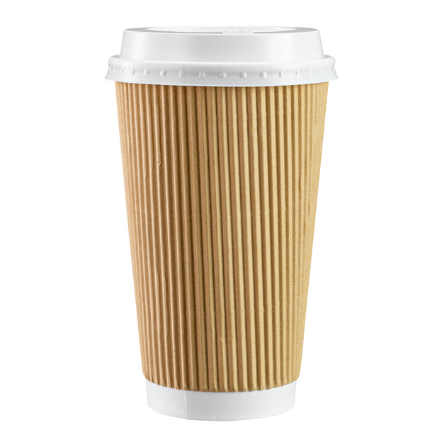 [50 Pack] Disposable Coffee Cups with Lids - 16 oz White Double Wall Insulated Coffee Cups with Black Dome Lid - Kraft Reusable Coffee Cups with Lids