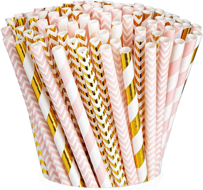 [Case of 4800]  Light Pink + Gold Paper Drinking Straws